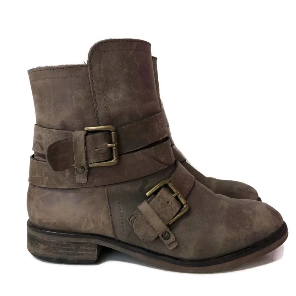 T&B Light Brown Distressed Leather Ankle Boots